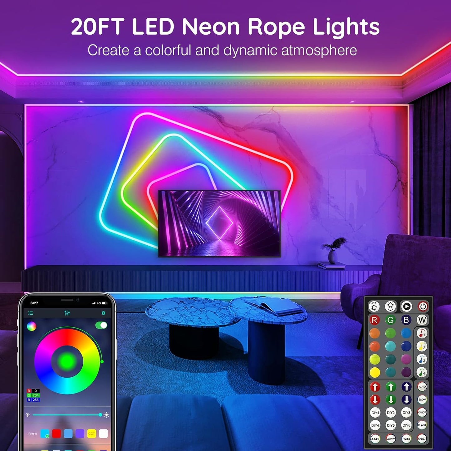 AILBTON 20FT Led Neon Rope Lights Control with App/Remote,Flexible Led Rope Light,Multiple Modes,IP65 Outdoor RGB Lights Waterproof,Music Sync Gaming Led Neon Strip Light for Bedroom Decor