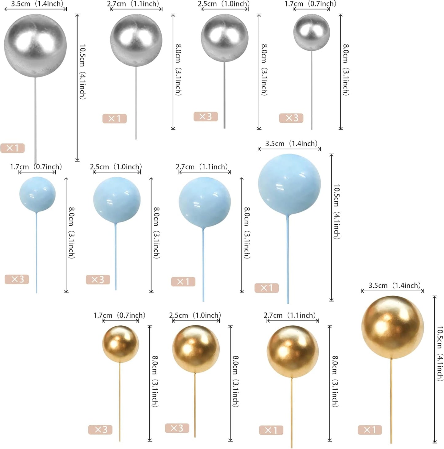 24 PCS Ball Cupcake Toppers Balls Cake Toppes Foam Balls Cupcake Picks DIY Mini Balloon Cake Inset Topper for Baby Shower Birthday Wedding Anniversary Party Decorations Supplies Blue Gold Silver