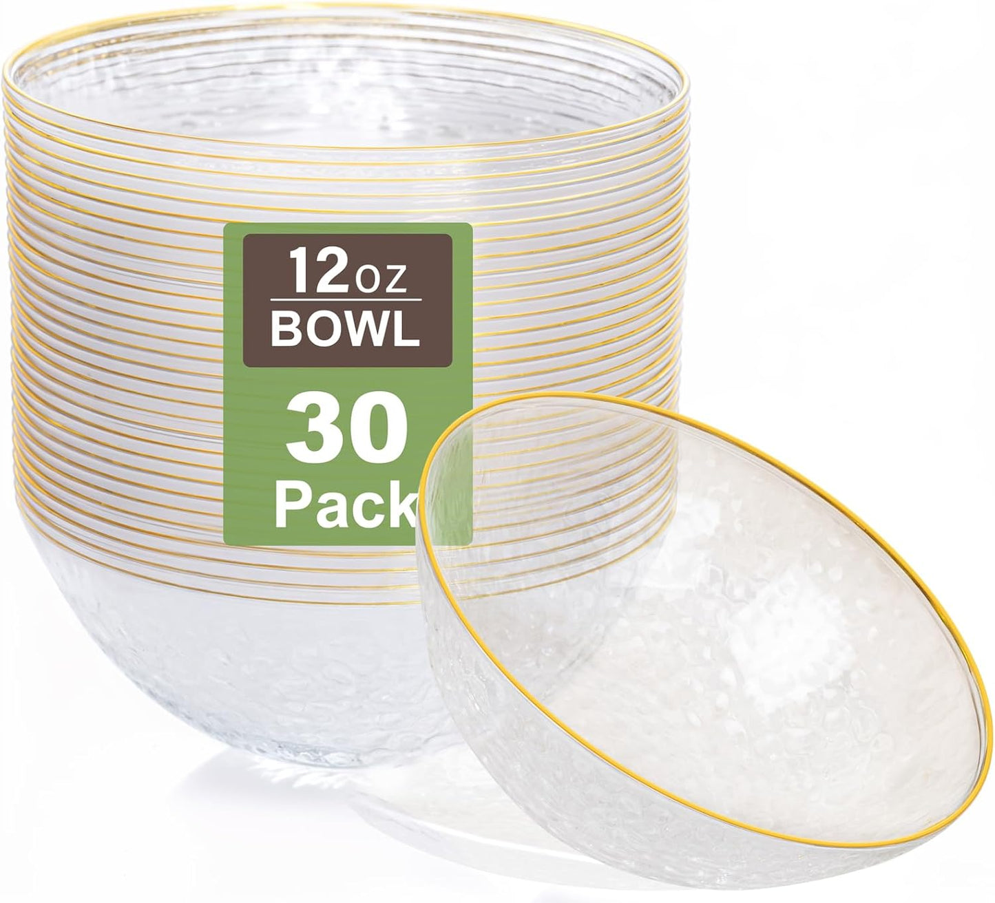 Rubtlamp 30 Pack Clear Disposable Bowls, Clear Plastic Bowls with Gold Rim, 12-16oz Premium Heavy Duty Plastic Dinner Bowls for Party, Wedding and Holiday