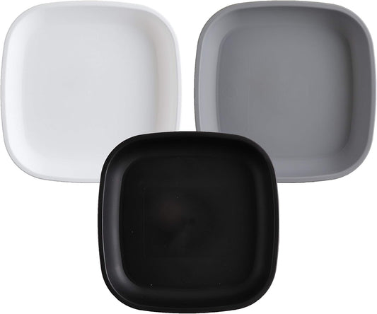 Re-Play Toddler Plates - 22 Oz. Deep-Walled Flat Kids Plates - Dishwasher & Microwave Safe - Made in USA - Set of 3-7.37" x 7.37" x 1.25" - Monochrome