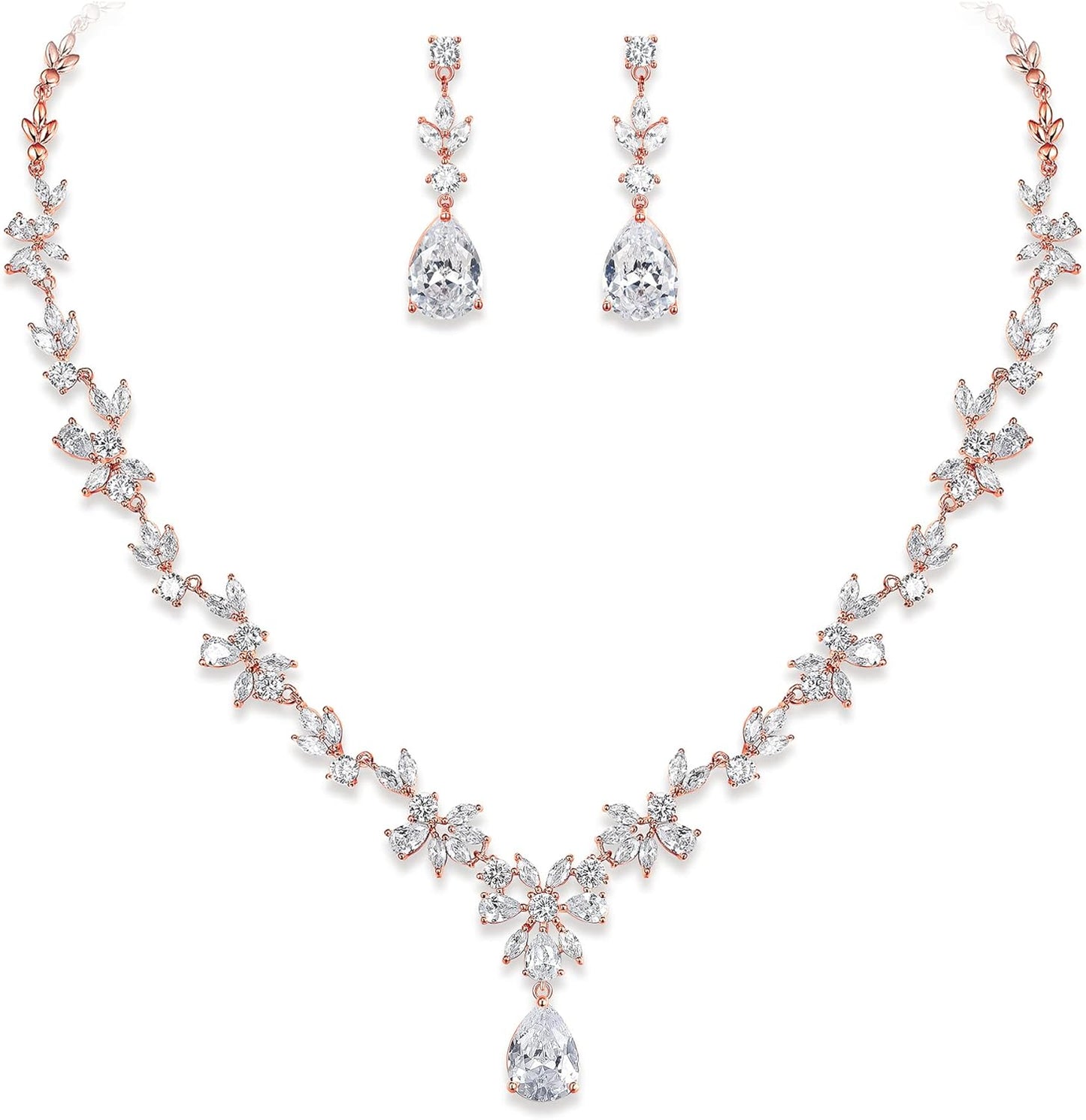 EVER FAITH Bridal Jewelry Set for Bride Bridesmaid, Flower Leaf Teardrop Cubic Zirconia Necklace Dangle Earrings Bracelet Sets Wedding Party for Women