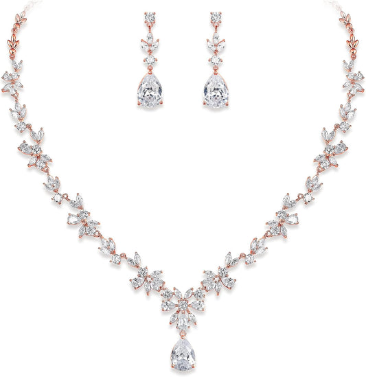 EVER FAITH Bridal Jewelry Set for Bride Bridesmaid, Flower Leaf Teardrop Cubic Zirconia Necklace Dangle Earrings Bracelet Sets Wedding Party for Women