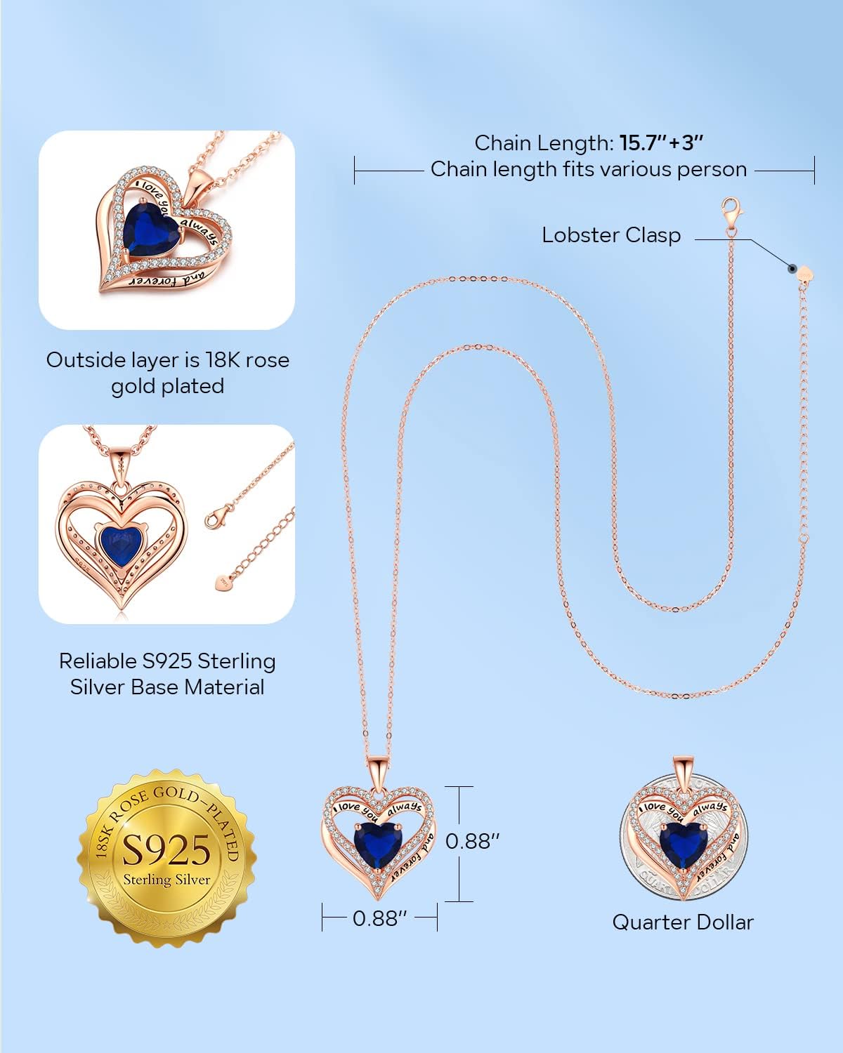 S925 Sterling Silver Necklace for Women, Wife Jewelry Rose Gold, Mom Birthday Valentines Mothers Day Gifts, Girlfriend Necklaces, Daughter Heart Jewel, Anniversary for Her