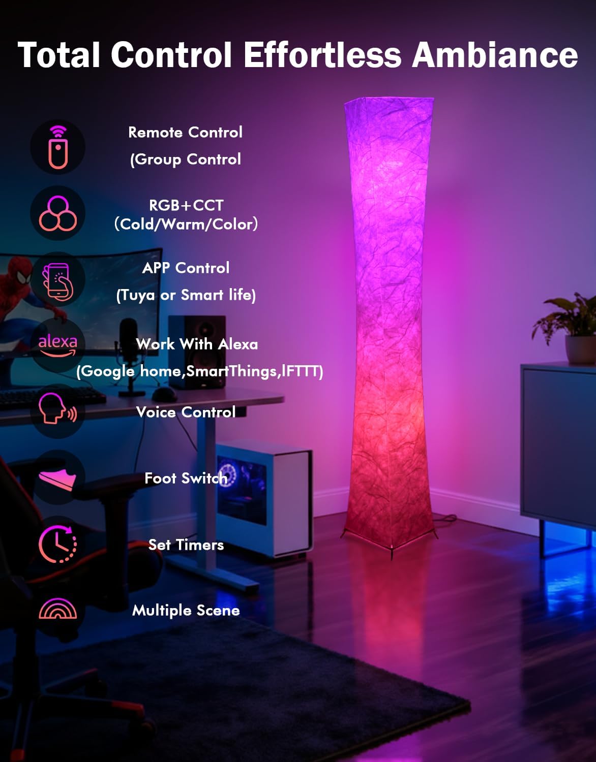 LEONC RGB+CCT Floor Lamp with Remote, 1800lm LED Tuya Smart 9W×2 Bulbs, 65" Smart Modern Floor Lamp with Alexa, Music Sync and 16 Million Colors, Color Changing Standing Lamp for Bedroom Living Room