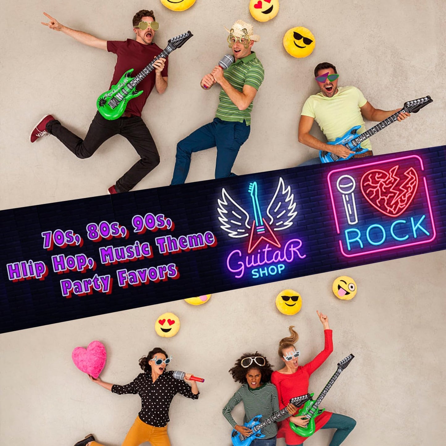 Large Rock Star Funny Sunglasses Set, Rock and Roll Party Funny Music Sunglasses, Inflatable Guitar Microphone for 70s, 80s, 90s, Music Party, Photo Booth Props for Carnival Rock and Roll Party