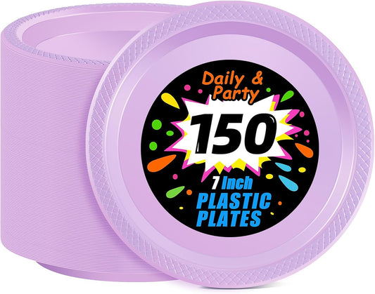 WELLIFE Lavender Party Plates 7 Inch -150 Count, Plastic Disposable Dessert Plates for Party Easter Mother's Day Wedding Cake Appetizers Salad