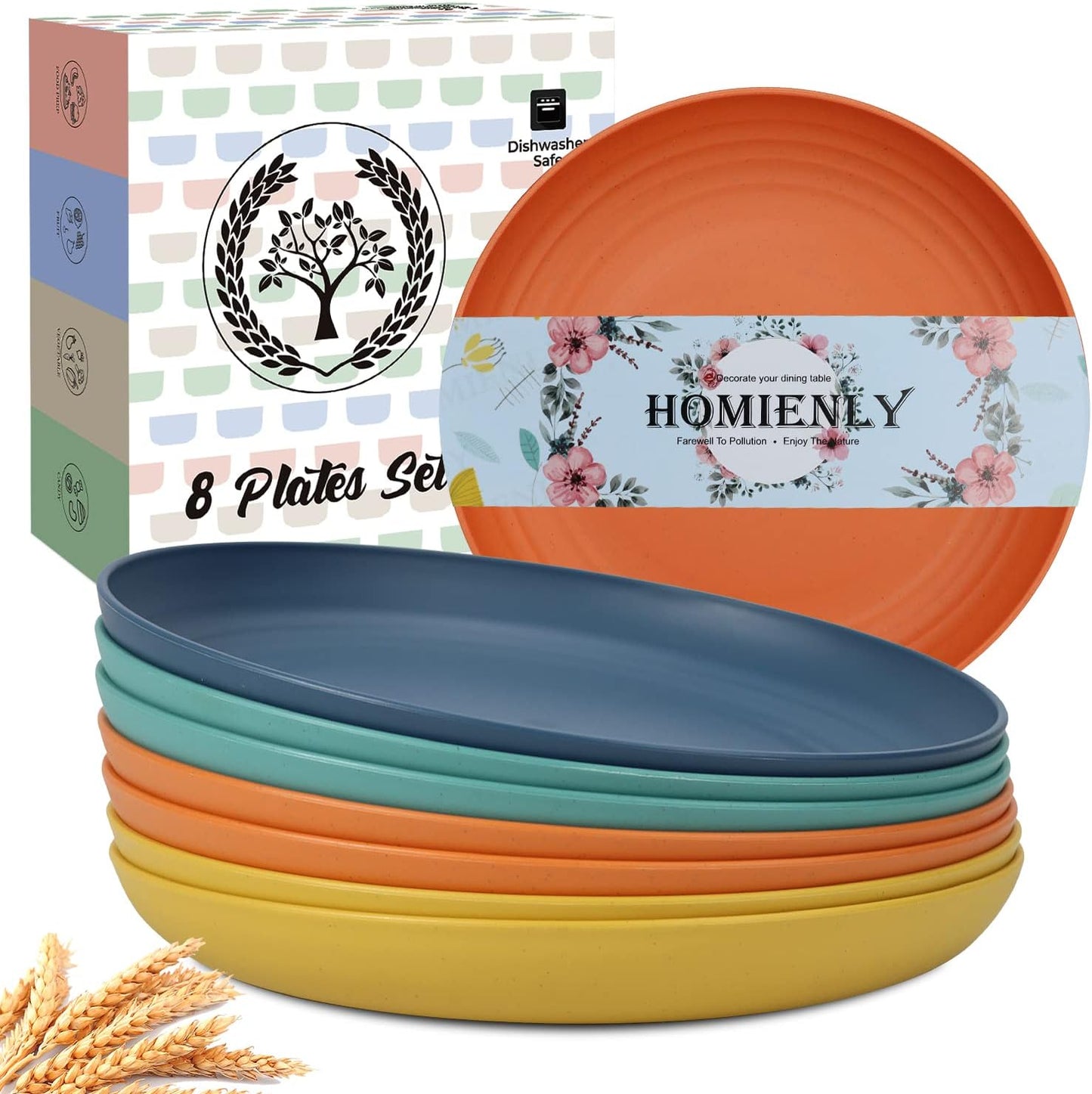 Homienly Deep Dinner Plates Set of 8 Alternative for Plastic Plates Microwave and Dishwasher Safe Wheat Straw Plates for Kitchen Unbreakable Salad Plate with 4 Colors (Colorful, 11 inch)