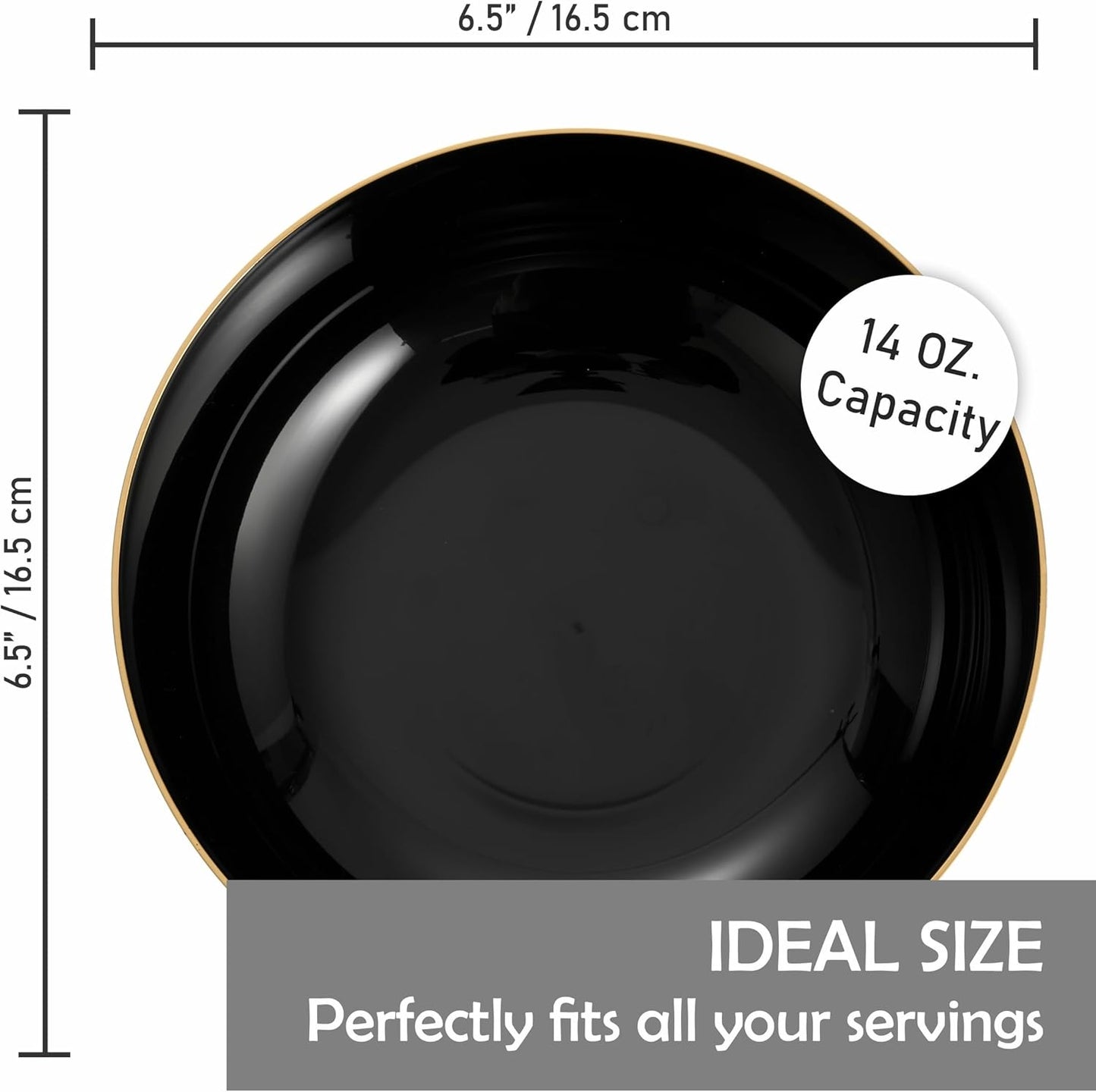 BloominGoods Disposable Plastic Soup Bowls, 50-Pack 14 Oz. Heavyweight Black With Gold Rim Bowls For Party, Wedding Or Event