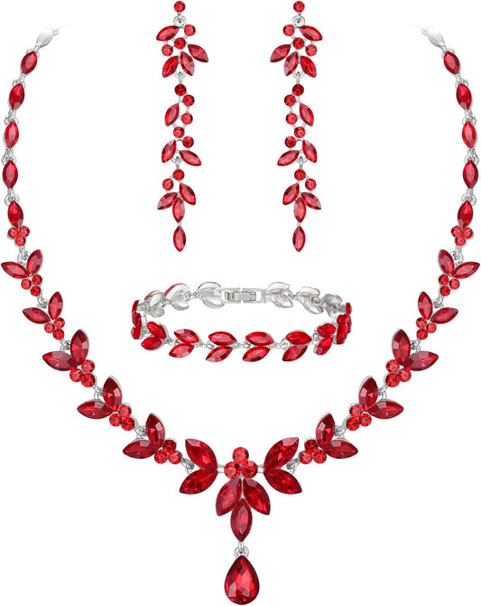 EVER FAITH Austrian Crystal Bridal Bridesmaid Jewelry Sets, Elegant Marquise Rhinestone Leaf Necklace Dangle Earrings Tennis Bracelet Set for Women