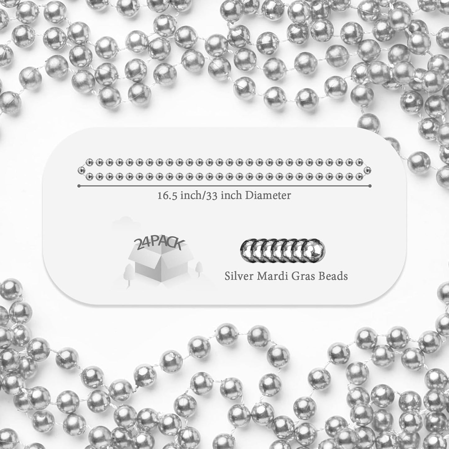 24 PCS Silver Bead Necklaces, Silver Mardi Gras Christmas Beads Necklaces, Patriotic Necklaces, 33 Inch Beaded Necklaces for Mardi Gras Christmas Party, 4th of July and New Year Eve Festive Events