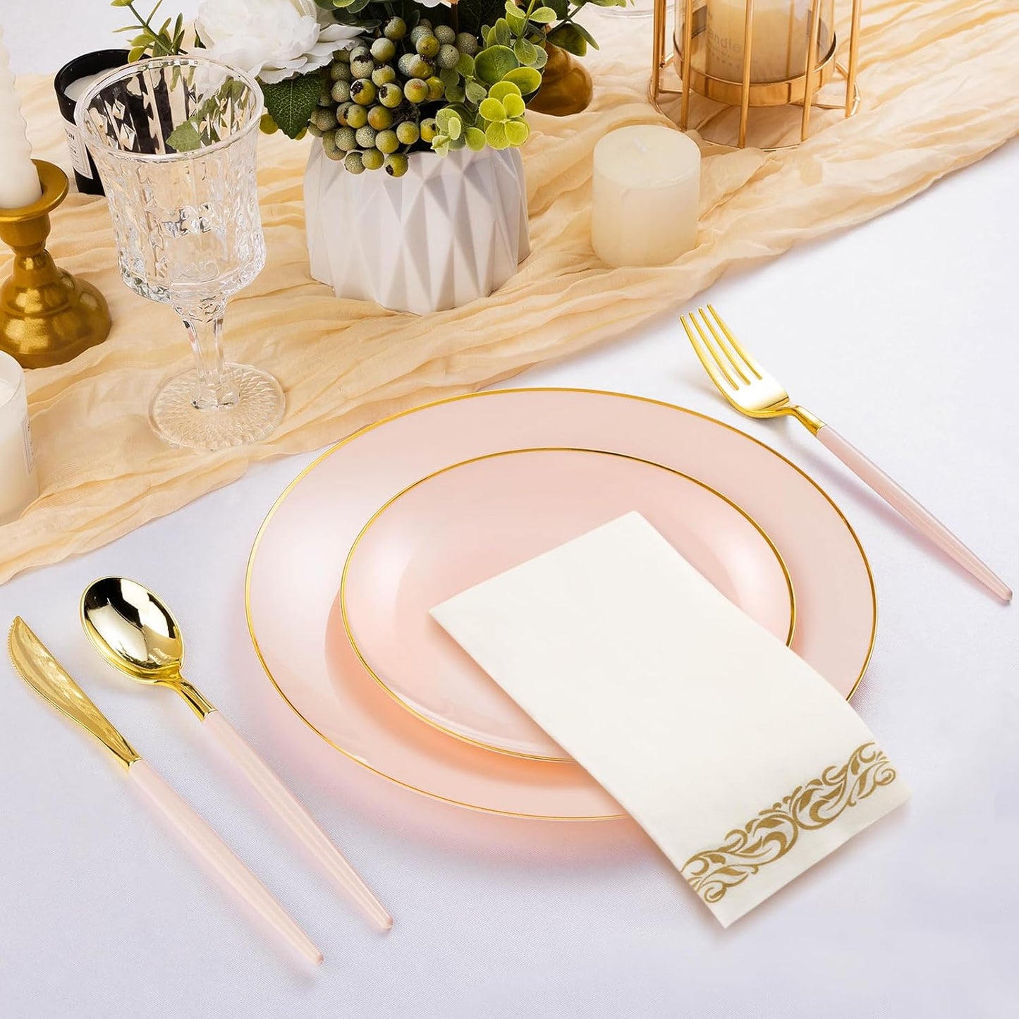 350 Pieces Pink Gold Plastic Dinnerware Set, Gold Disposable Plates for Party, Graduation, Include 100 Pink Plates with 150 Plastic Cutlery, 50 Napkins and 50 Cups