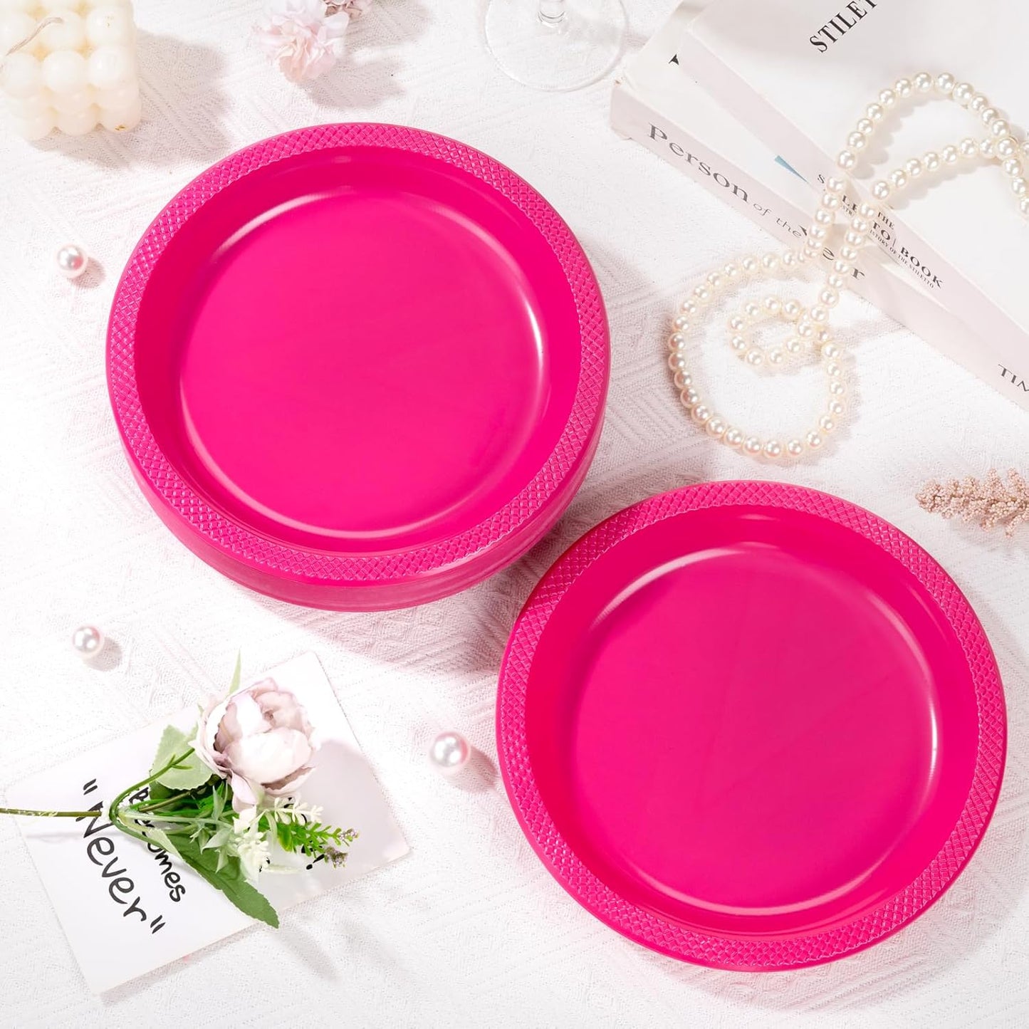 WELLIFE 9 Inch Plastic Plates Hot Pink 50 Count Disposable Plate for Party, Dessert Plates for Dinner Cake Salad Supplies Birthday