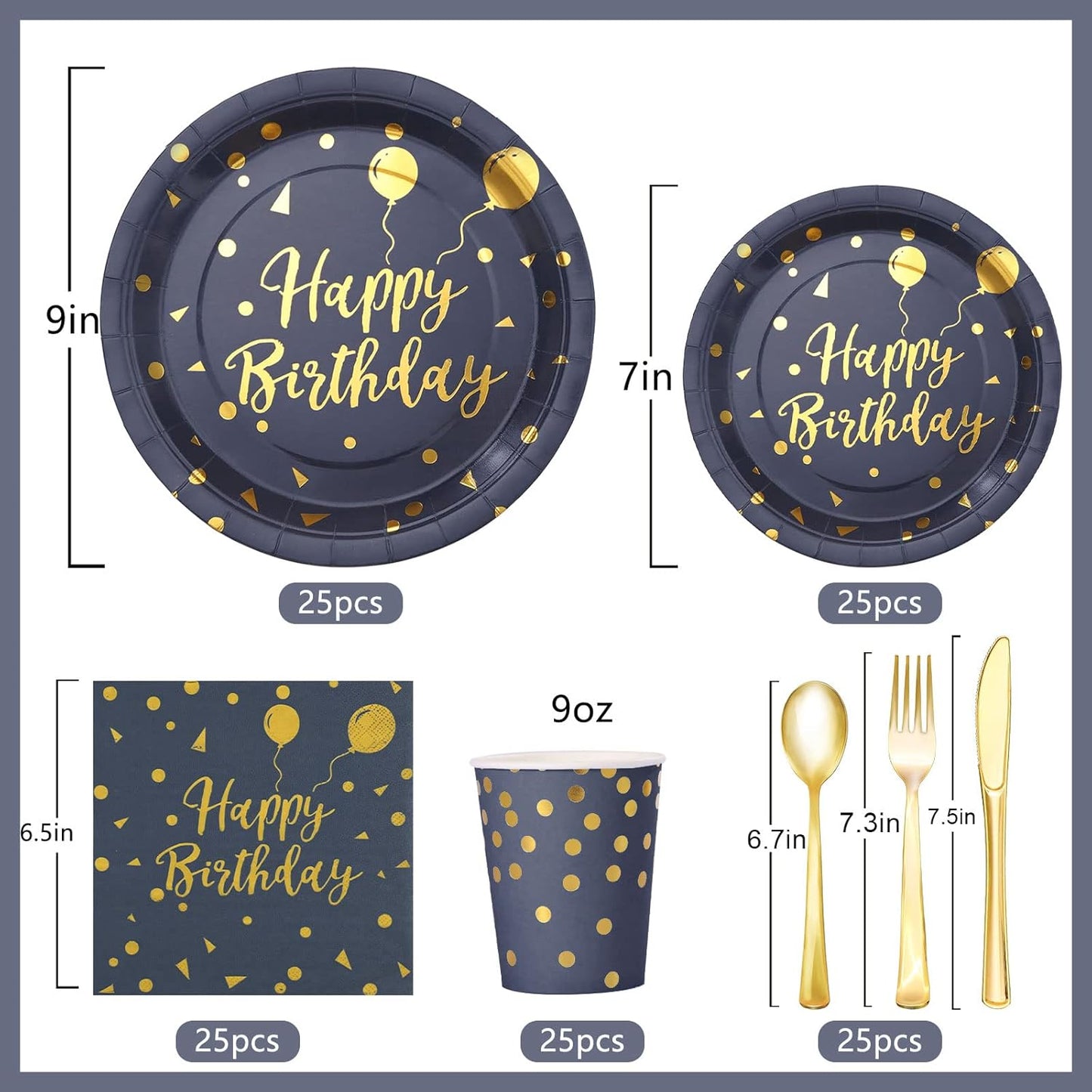 175 Pcs Blue Birthday Plates and Napkins Party Supplies - Blue and Gold Paper Plates and Cups and Napkins Sets for Men Happy Birthday Party Decorations, Serves 25