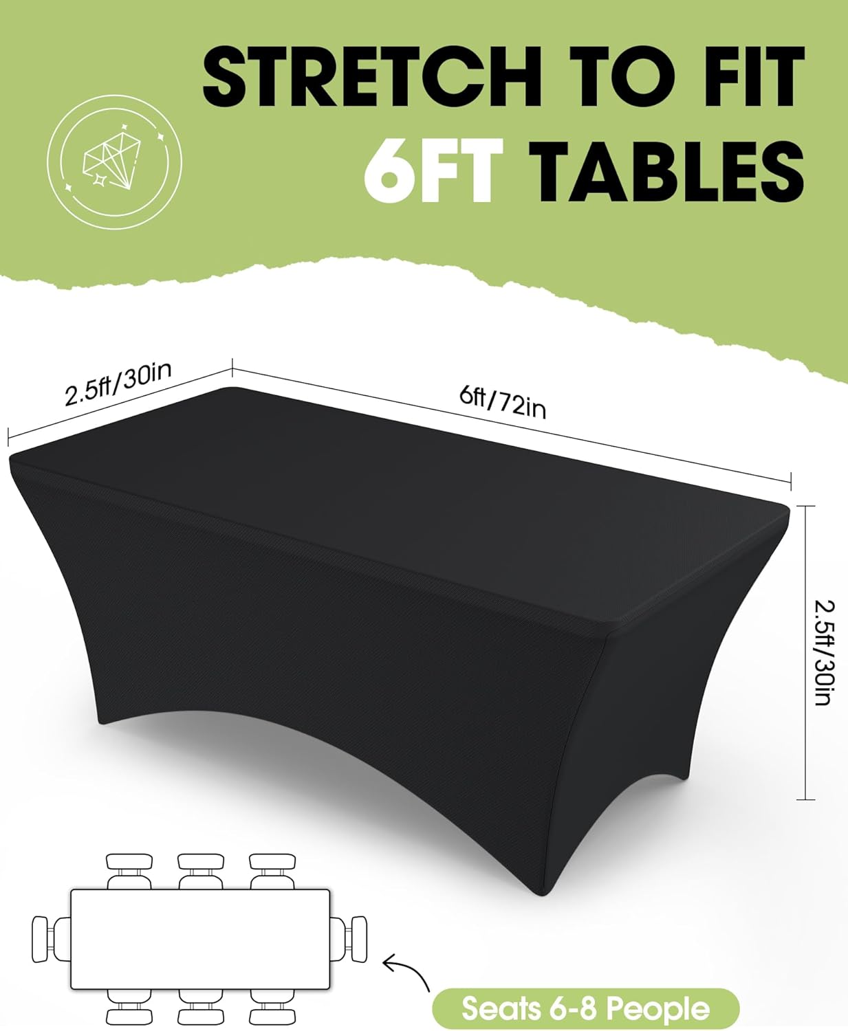 Pureegg Spandex Tablecloth 6ft - 6 Pack, Fitted and Stretch Table Cover for Rectangle Tables, Wrinkle-Resistant and Secure Fabric for Outdoor, Picnic, Party, Wedding, Banquet and Birthday, Black