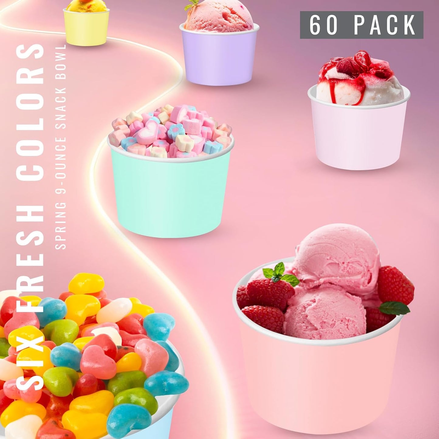 Paper Ice Cream Cups 9oz Colored Disposable Dessert Bowls for Hot or Cold Food Party Cups for Birthday Baby Shower Easter Party Supplies(Pastel Color,60 Pcs)