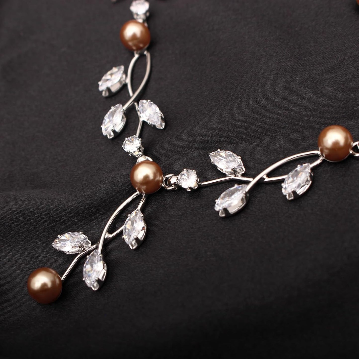 Luxury Cubic Zirconia Aurtrian Crystal Pearl Floral Necklace Dangle Earrings Wedding Bridal Jewelry Set Birthday Gifts for Her