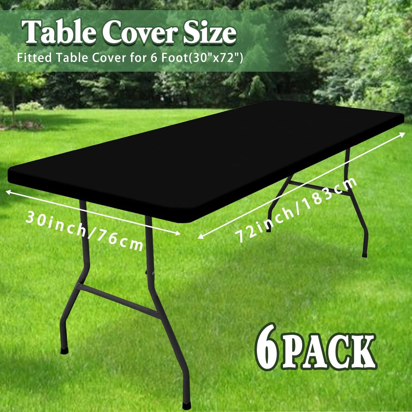 6 Pack Picnic Table Cover Fitted Tablecloth for 6 Foot Rectangle Tables Elastic Waterproof Stretch Washable Patio Folding Outdoor Spandex Table Cloth for Camping Banquet and Parties (Black,30" x 72")