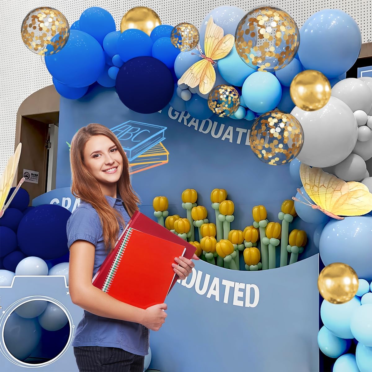 Navy Blue White Gold Balloon Garland Arch Kit, 147PCS Royal Dark Pastel Blue White Gold Balloons with Confetti for Birthday Party Baby Shower Wedding Graduation Decorations