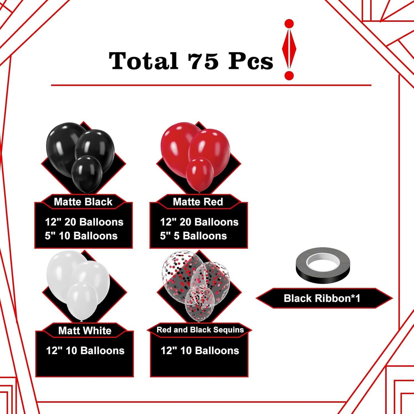 Red Black and White Balloons, 75PCS Red and Black Balloons, 12in and 5in Red White and Black Latex Party Balloons for Casino Theme Party, New Years, Graduation Decorations