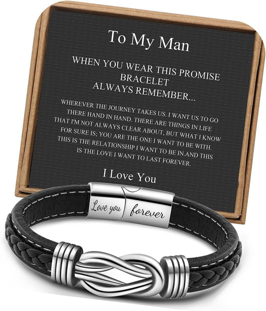 𝗞𝗻𝗼𝘁 𝗕𝗿𝗮𝗰𝗲𝗹𝗲𝘁 𝗚𝗶𝗳𝘁𝘀 𝗳𝗼𝗿 𝗠𝗲𝗻 Brown Braided Leather Stainless Steel Infinity Bracelets Lettering Love You Forever Gifts for Son Grandson Husband Boyfriend Brother Always Linked Together