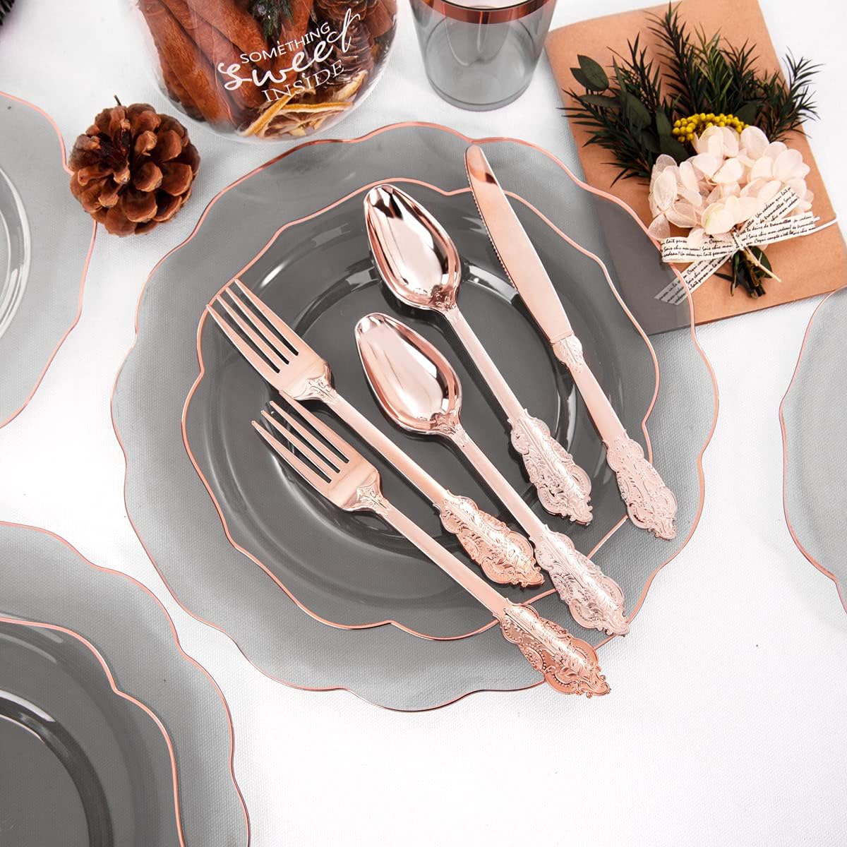 BUCLA 30Guests Clear Black Plastic Plates With Rose Gold Silverware & Cups - Rose Gold Rim Plastic Dinnerware Ideal for Party, Halloween & New Year