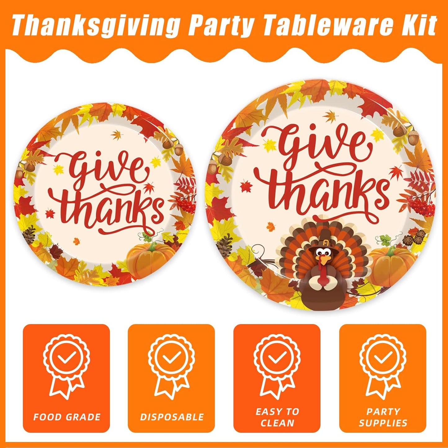 96 Pcs Fall Thanksgiving Party Supplies Give Thanks Party Plates Fall Pumpkin Turkey Autumn Party Plates Napkins Set Disposable Dinnerware Tableware for Thanksgiving Dinner Party, Serves 24