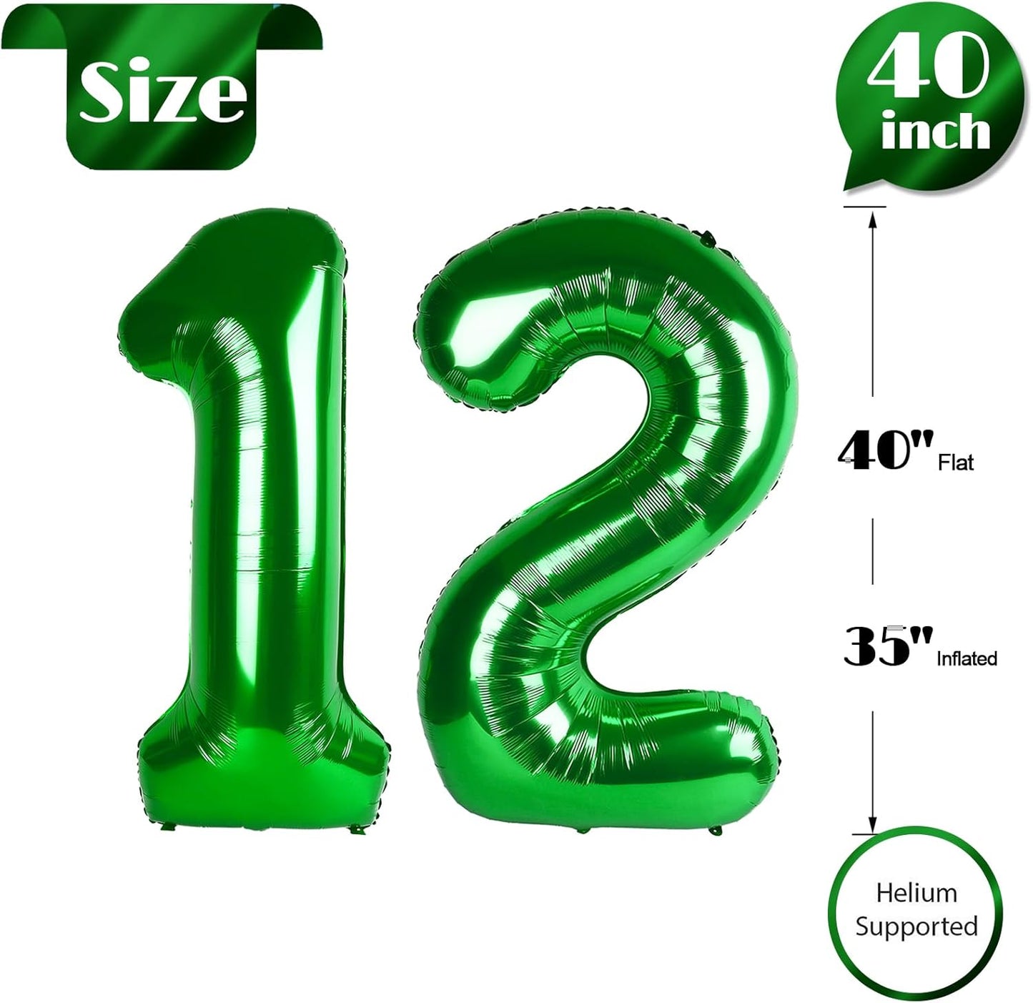 Green Number 12 Balloon 40 inch, 12 Number Balloons, 12th Green Birthday Decorations, 12 Year Old Girls Boys Party Supplies, St. Patrick's Day Games Theme Birthday Decorations