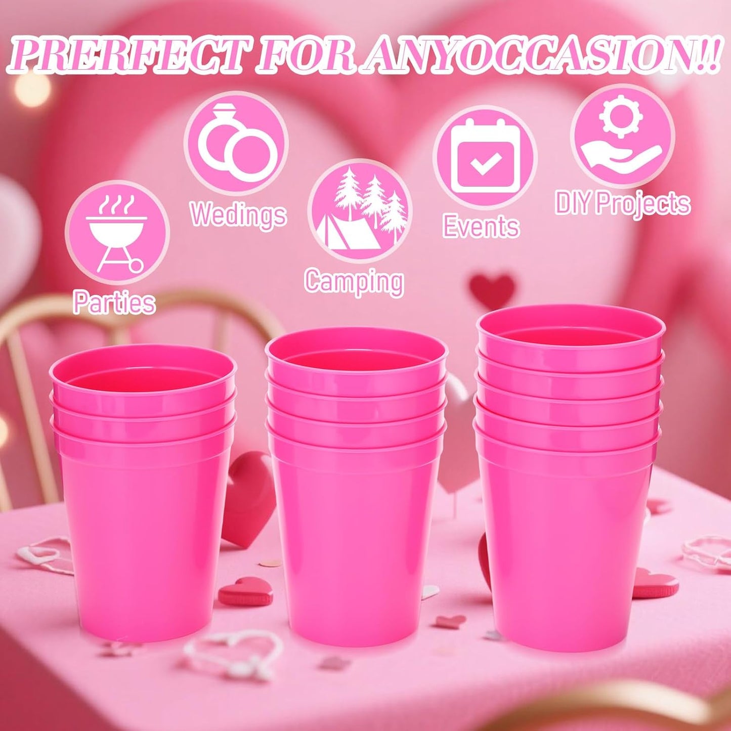 Yungyan 50 Pack 16oz Stadium Cups Reusable Plastic Cups Blank Drink Tumblers for Parties, Events, DIY Projects, 4.5 x 3.54 x 2.72 Inch (Rose Red)