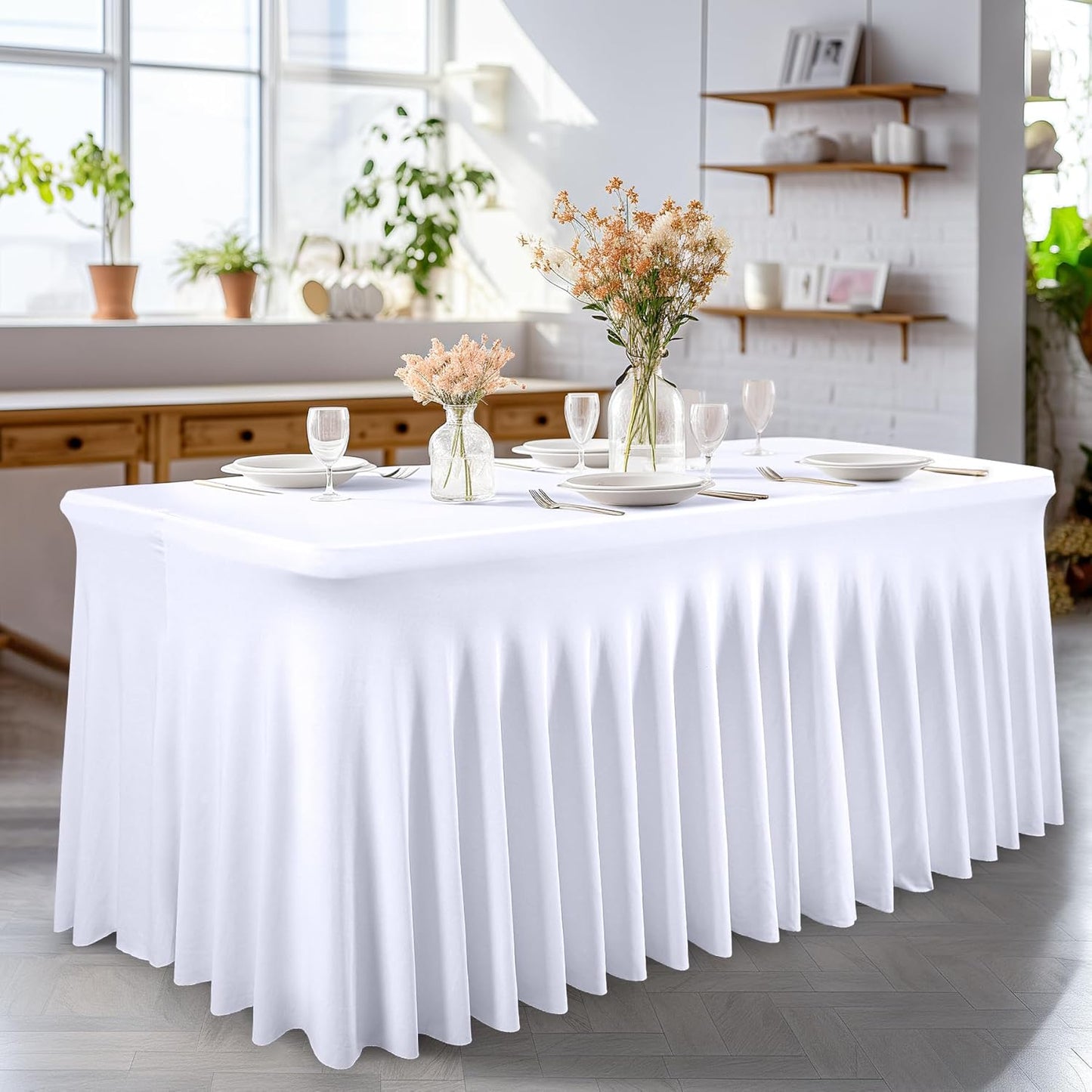 PARTISKY White Spandex Tablecloth for 4ft Rectangle Tables, Stretchable Table Cover Skirt for Folding Tables Weddings Parties Banquets Events Trade Shows and Dessert Table