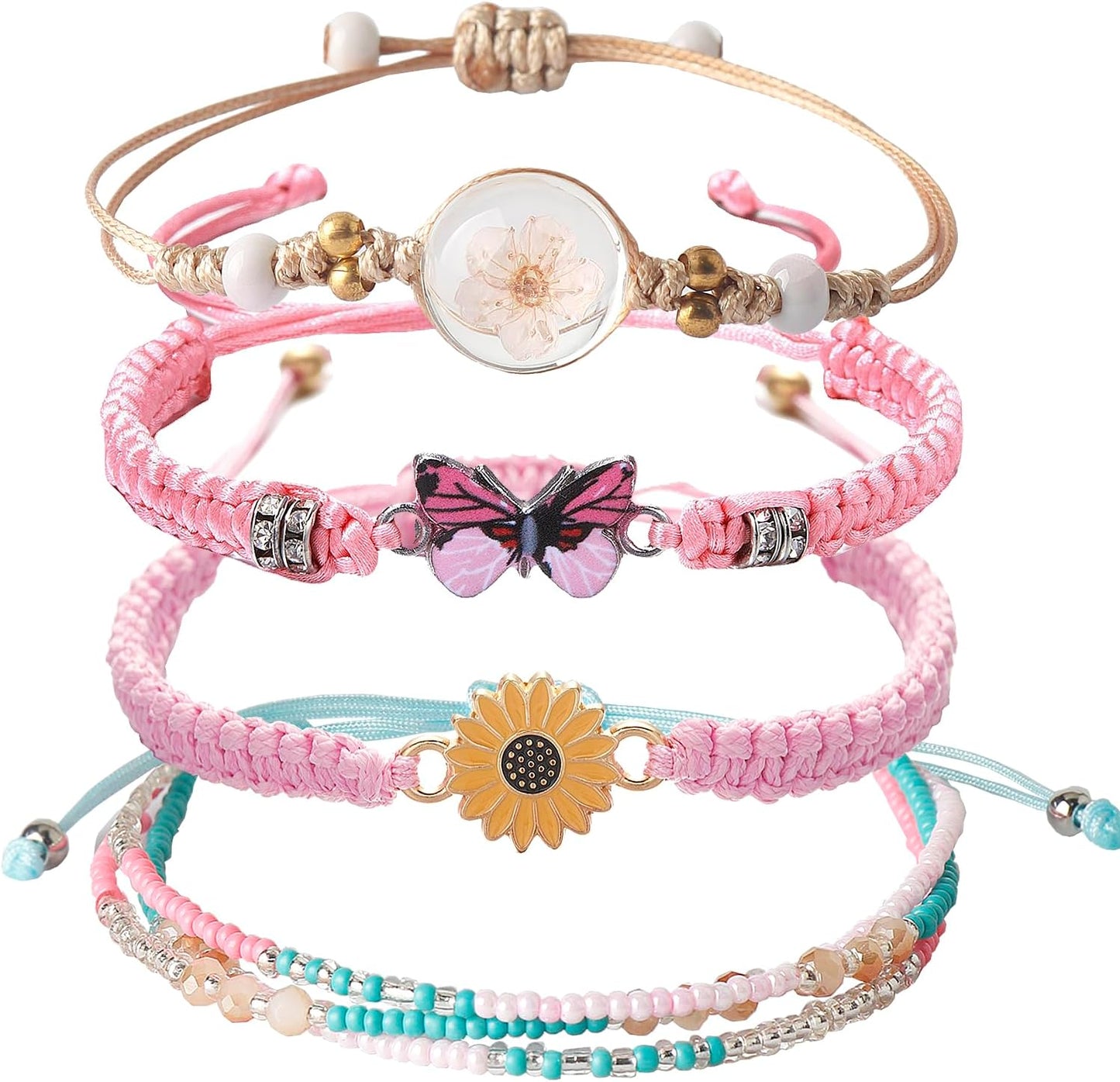 DS 4PCS String beads Charm Bracelets for Teen Girls Dainty cute cartoon Butterfly Daisy Eternal flower Beads Bracelets set for woman and girls Adjustable Stretch bracelet birthday Gift For Friends