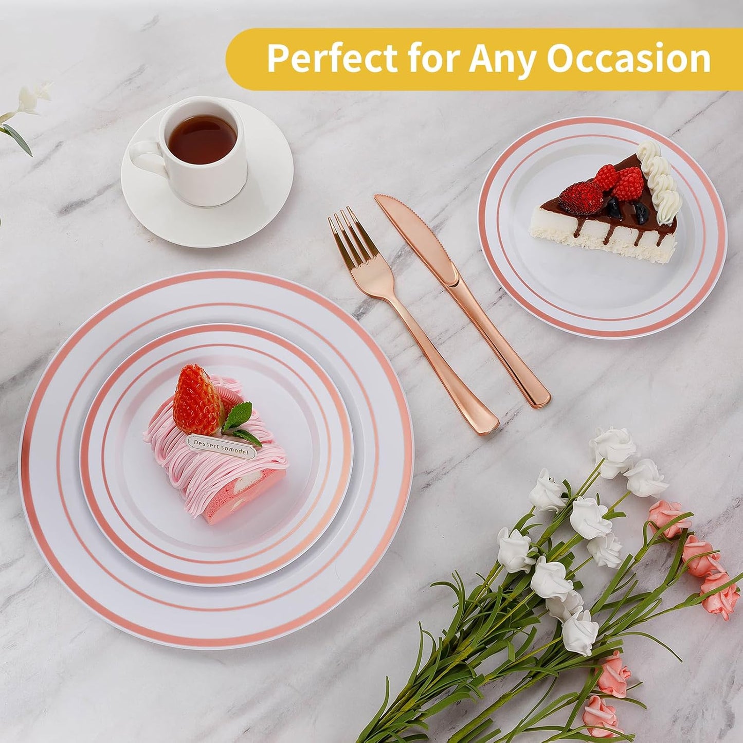 Goodluck 200PCS Rose Gold Plastic Plates, Heavy Duty Disposable Rose Gold Plates with 100 10.25 inch Dinner Plates and 100 7.5 inch Dessert Plates. Disposable Plates for Party, Wedding, Valentines