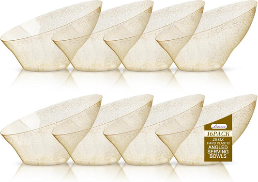 Liacere 16 Pack Gold Plastic Serving Bowls - 20 OZ Angled Party Table Salad and Fruit Bowls Disposable for Chip&Candy, Ideal for Wedding＆ Thanksgiving