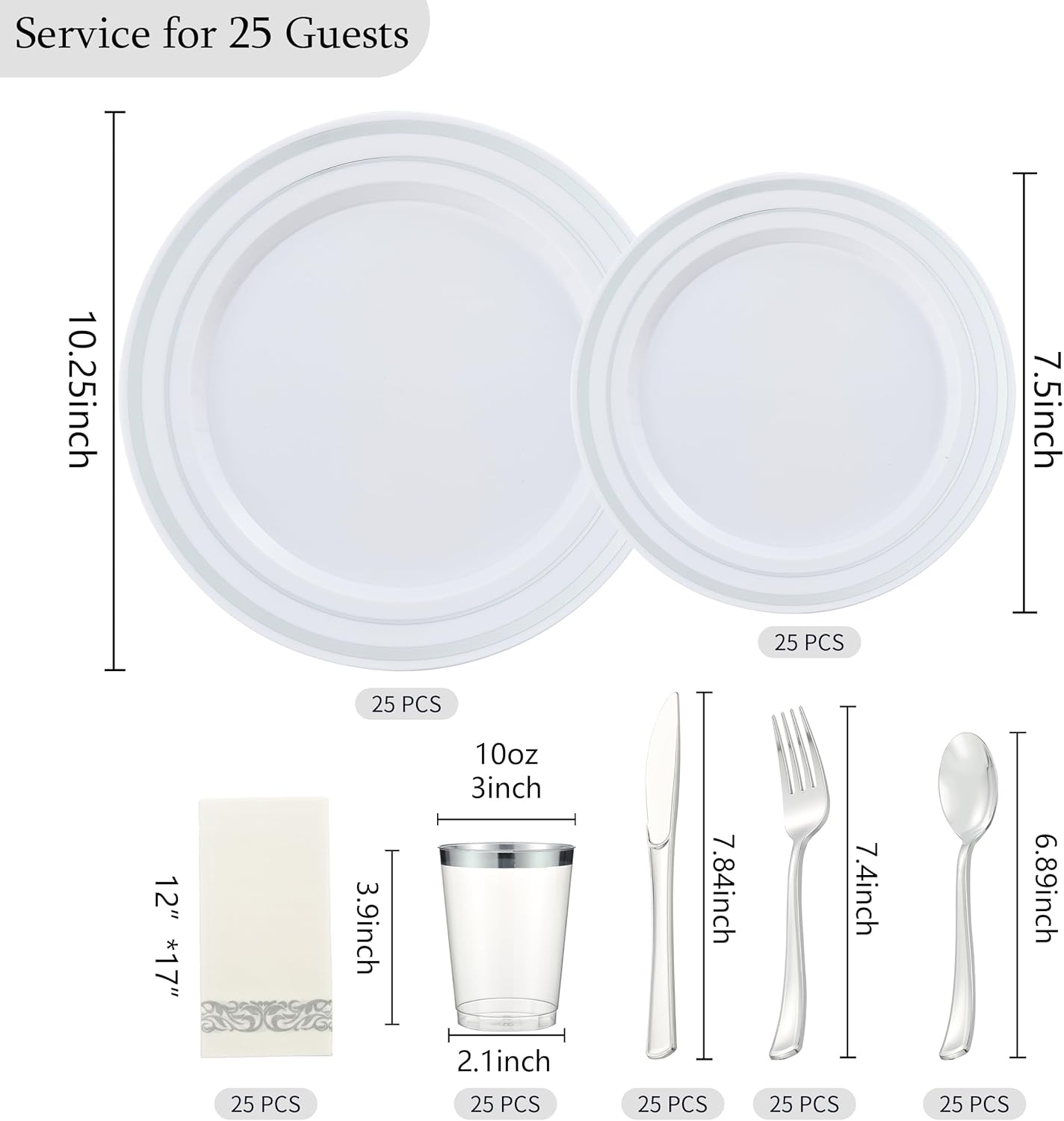 175 PCS Silver Dinnerware Set for 25 Guests, Silver Rimmed Heavy Duty Plastic Disposable Plates for Party Wedding with 25 Dinner Plates,Dessert Plates, Silverware Set, Cups, Napkins