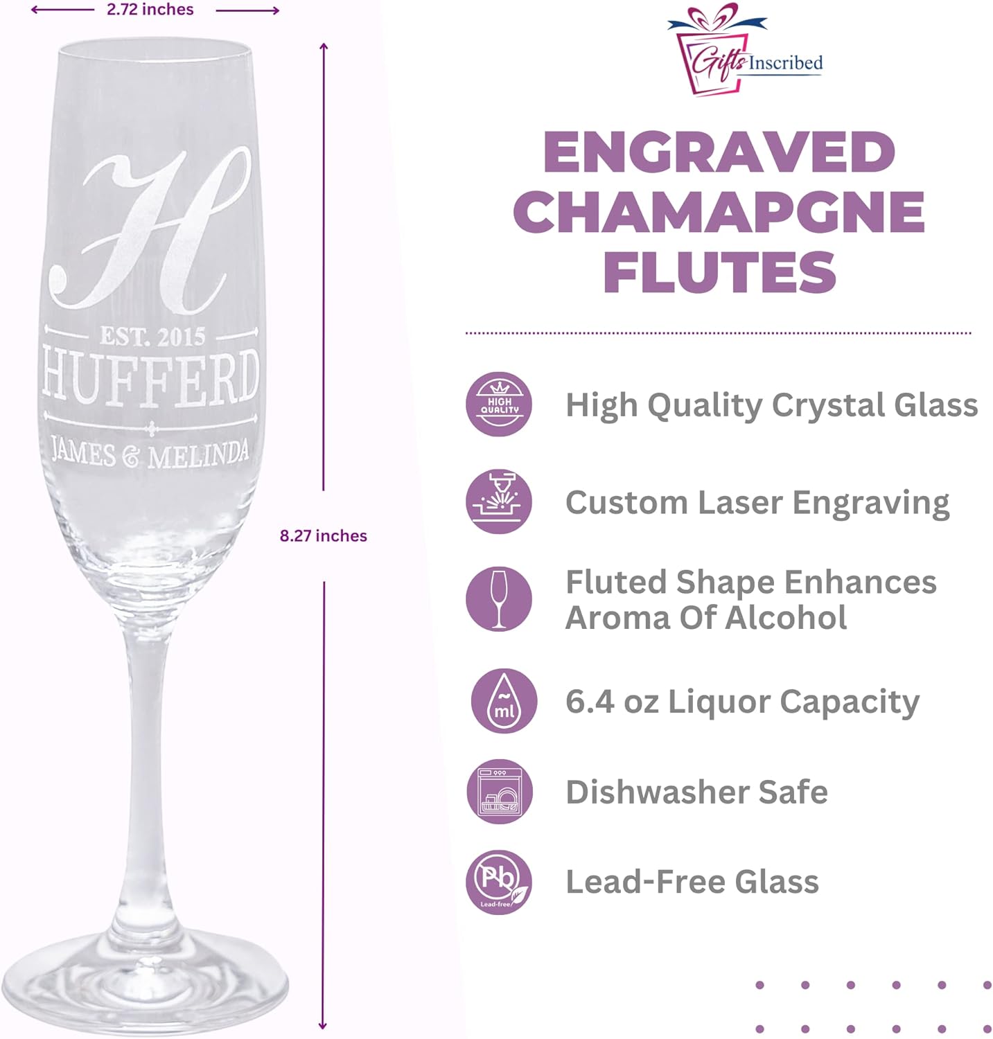Gifts Inscribed Personalized Champagne Glasses Set of 2 – Engraved Mr and Mrs Champagne Flutes – Custom Stemmed Glassware Gift for Wedding, Engagement, Anniversary, Bridal Party