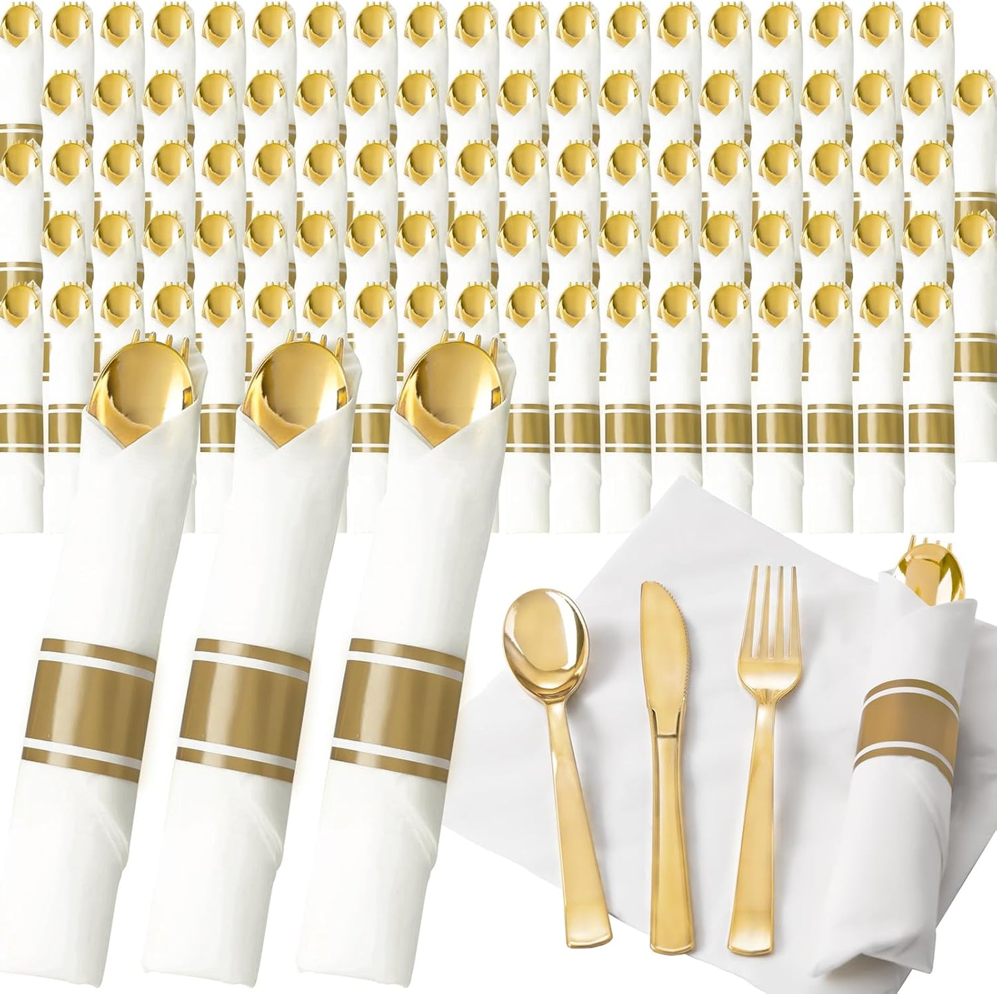 200Guests Pre Rolled Gold Plastic Silverware Sets - Heavy Duty Gold Cutlery - Include 200 Pack Wrapped Disposable Utensils with Napkins for Parties & Dinners & Weddings