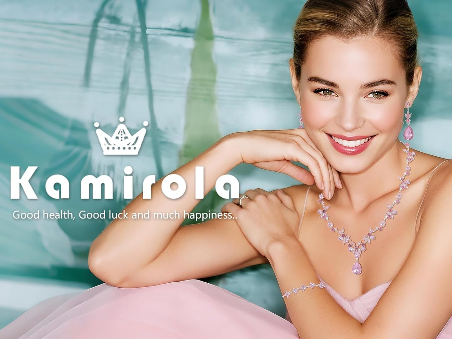 Kamirola Bridal Jewelry Set, Jewelry Set for Women, Necklace Dangle Earrings Bracelet Set, White Gold Plated (TR76)