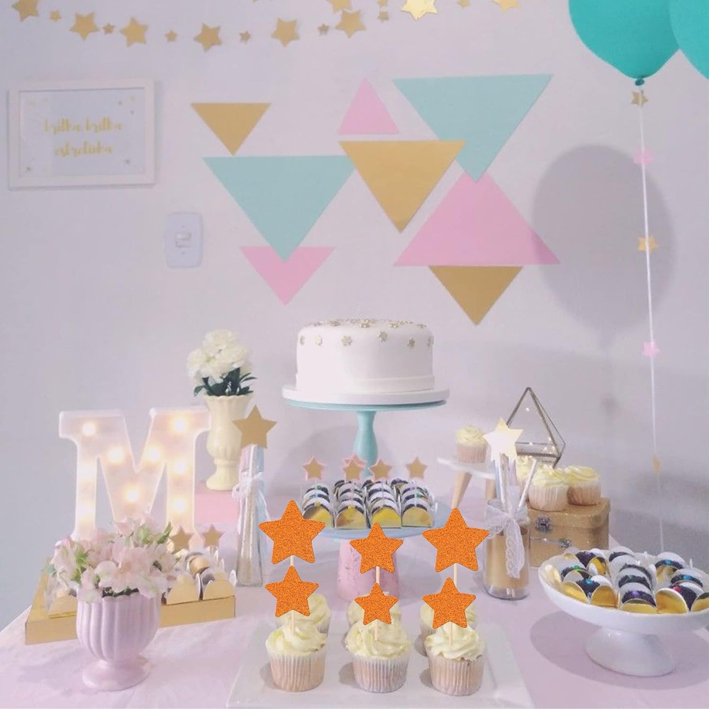 30 PCS Star Cupcake Toppers Glitter Assembled Twinkle Star Cupcake Picks Wedding Engagement Bridal Shower Birthday Party Cake Decorations Supplies Mixed Size Orange