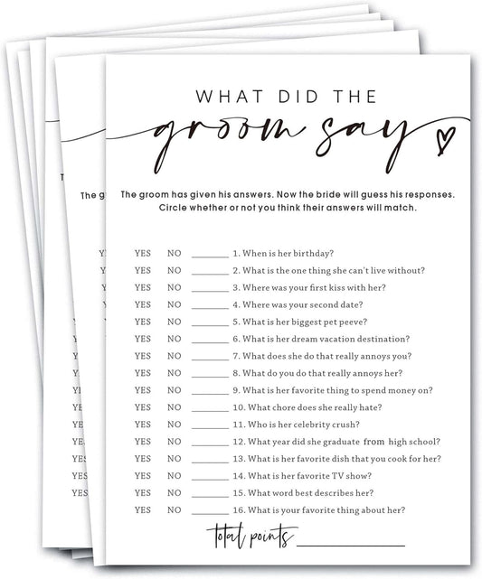 Wedding Shower Games Cards, What Did the Groom Say, Bridal Shower Games 25 Guests, Engagement Party Wedding Games for Guests, Minimalist White Wedding Party Supplies - A12