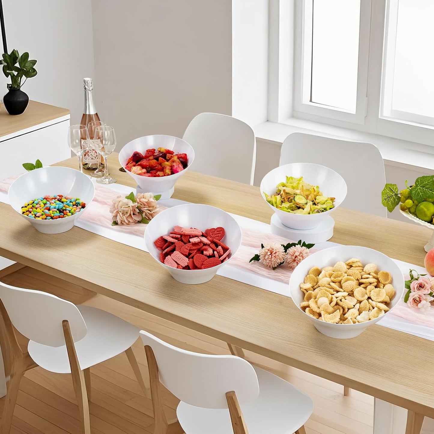 BESTVIP 54oz White Plastic Serving Bowls for Party - 12 Pack Angled Disposable Serving Bowls, Party Bowls for Chips, Snacks, Fruit, Salad - Bowls for Parties, Daily Use,Halloween, Christmas