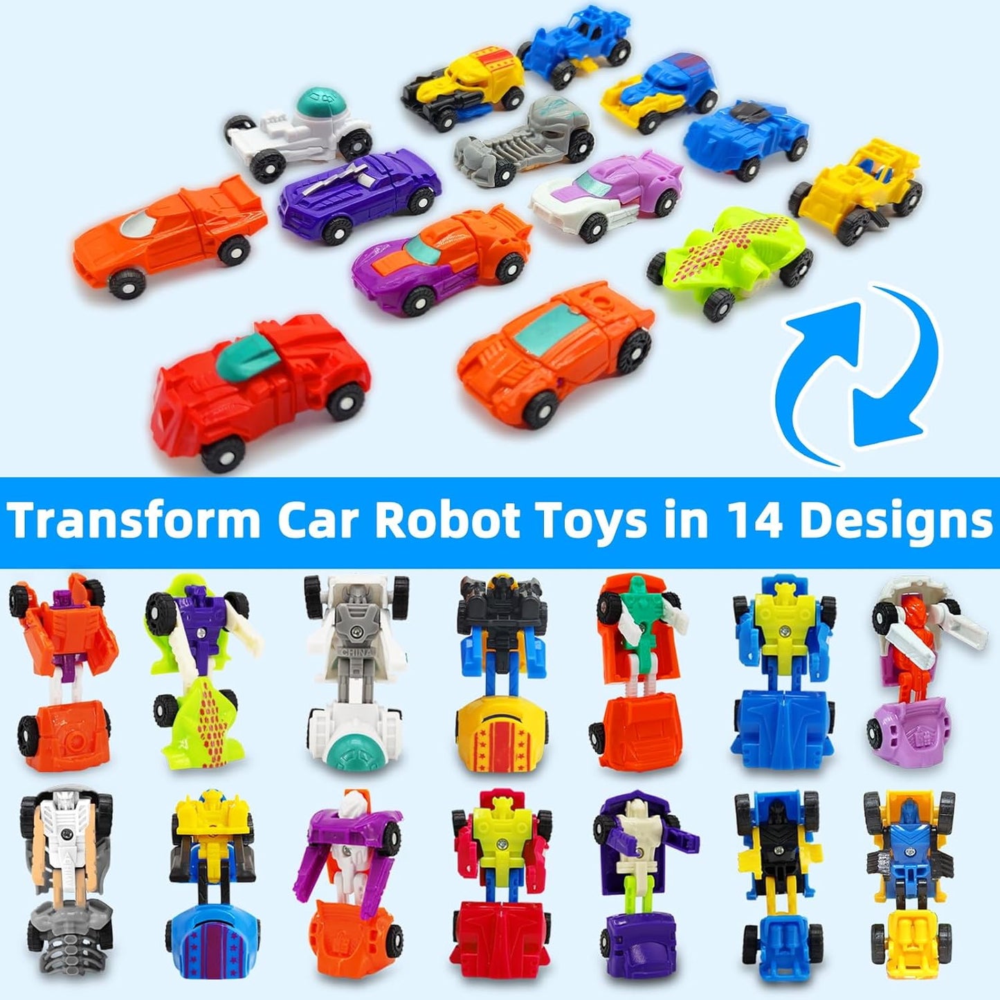 28 Pack Transforming Car Robot Toys for Kids, 14 Styles Prefilled Mini Vehicle Gift for Grandkids Boys Girls Party Favors, Birthday, Game Prizes and Christmas Stocking Stuffer Filler