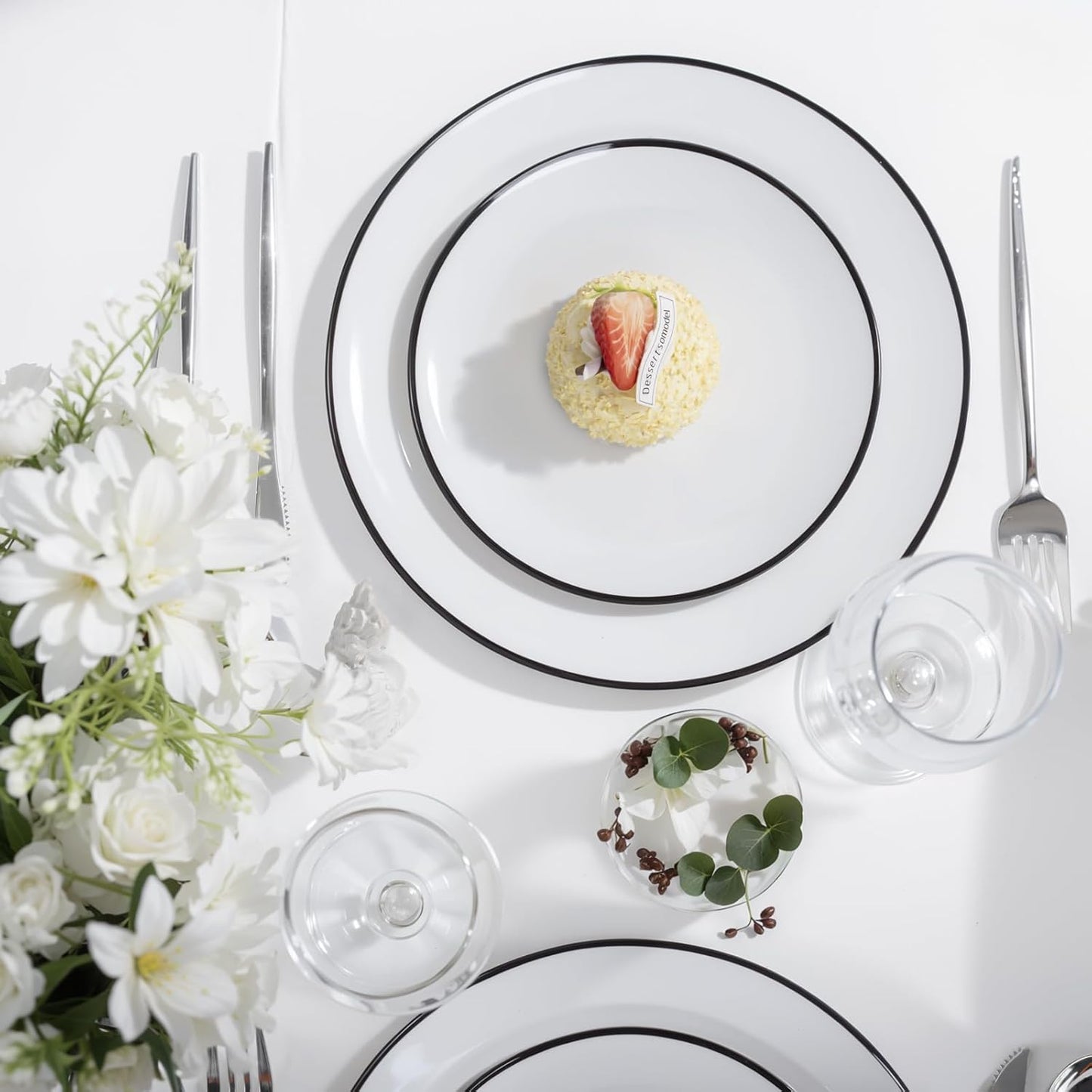 LIYH 120 Pcs White Plastic Plates with Black Rim - Halloween Plates Disposable Plate Dishes for Party Wedding Includes 60 Dinner 10.25" & 60 Dessert Plate 7.5" for Party Birthdays Halloween 60 Guests