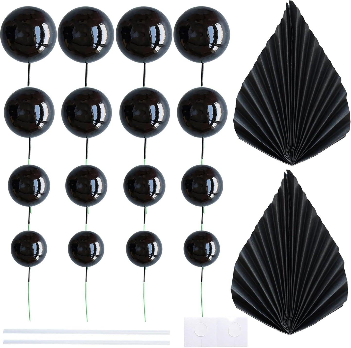 Ephlyn 28Pcs Paper Palm Fan Cake Topper Balls Cake Pick for Baby Shower Wedding Bridal Shower Birthday Party DIY Cake Decorations Supplies Black