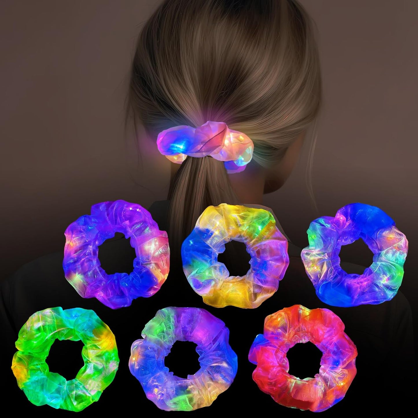 6 Pcs LED Scrunchies for Women, Colorful Mermaid Scrunchy, Light Up Scrunchies for Girls, 3 Light Modes, Glow in the Dark Hair Accessories
