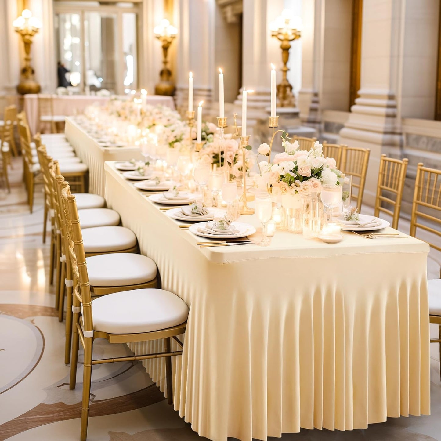 PARTISKY Champagne Spandex Tablecloth for 6ft Rectangle Tables, Stretchable Table Cover Skirt for Folding Tables Weddings Parties Banquets Events Trade Shows and Dessert Table