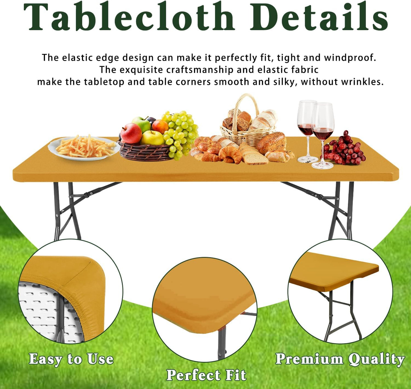 10 Pack 6 Foot Picnic Table Cover Fitted Outdoor Tablecloth for Rectangle Tables Elastic Waterproof Stretch Washable Patio Folding Spandex Table Cloth for Camping Banquet Parties (Mustard,30" x 72")