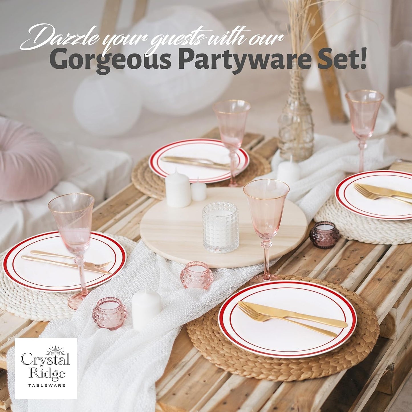 120-Piece Dinner Plastic Plates Set Premium 120 Dinner Plates, Disposable Plates for Party - White Plastic Wedding Plates with Red Rim