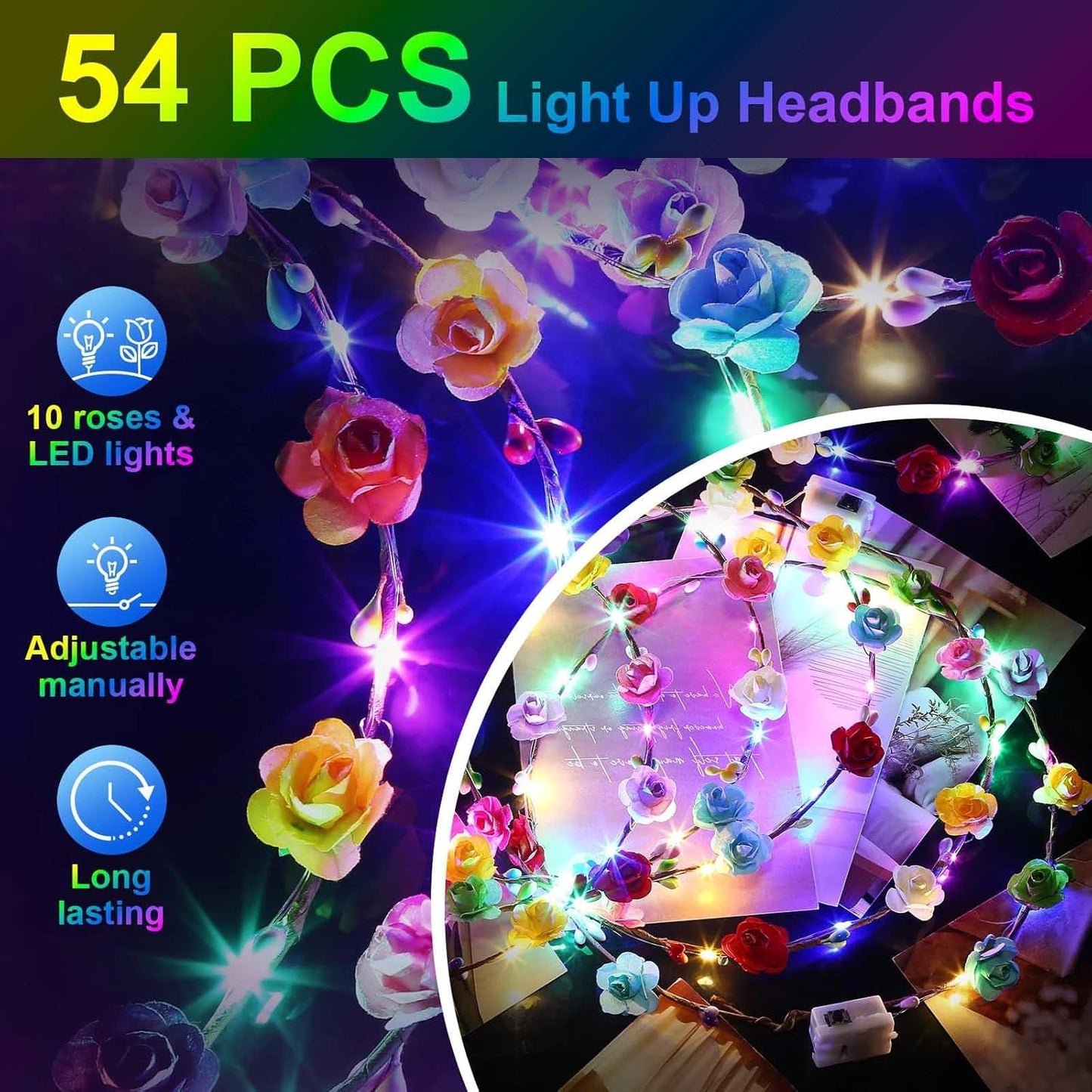 54 PCS LED Flower Crowns Headbands, Light Up Flower Crowns For Women, Glow in the Dark Headband for Wedding Reception Mardi Gras Cosplay Princess Party Favors Birthday Christmas Halloween