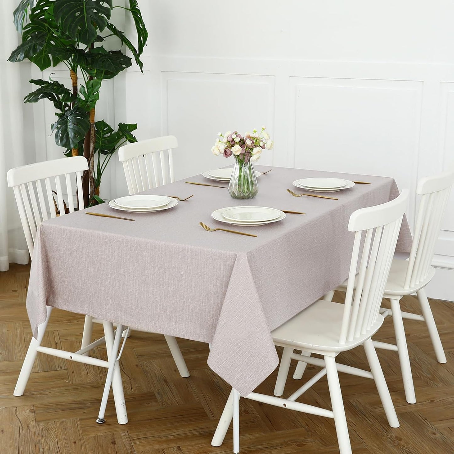 Romanstile 100% Waterproof PVC Tablecloth, Square Oil Spill Proof Stain Resistant Vinyl Table Cloth, Wipe Clean Plastic Table Covers for Kitchen/Dining/Parties - 54 x 54 Inch, Beige