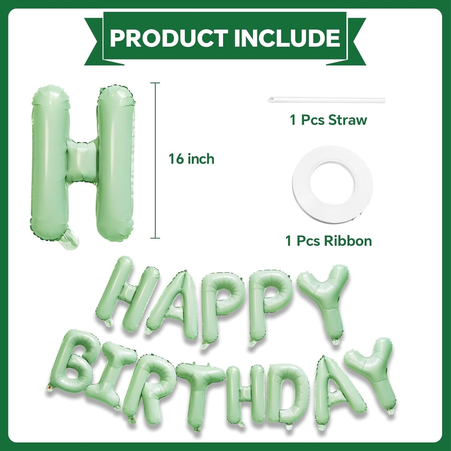 KALOR Olive Green Happy Birthday Balloons Banner, 16 Inch Mylar Foil Letters Balloon Sign for Women, Men, Boys & Girls Kids Birthday Decorations Photo Backdrop