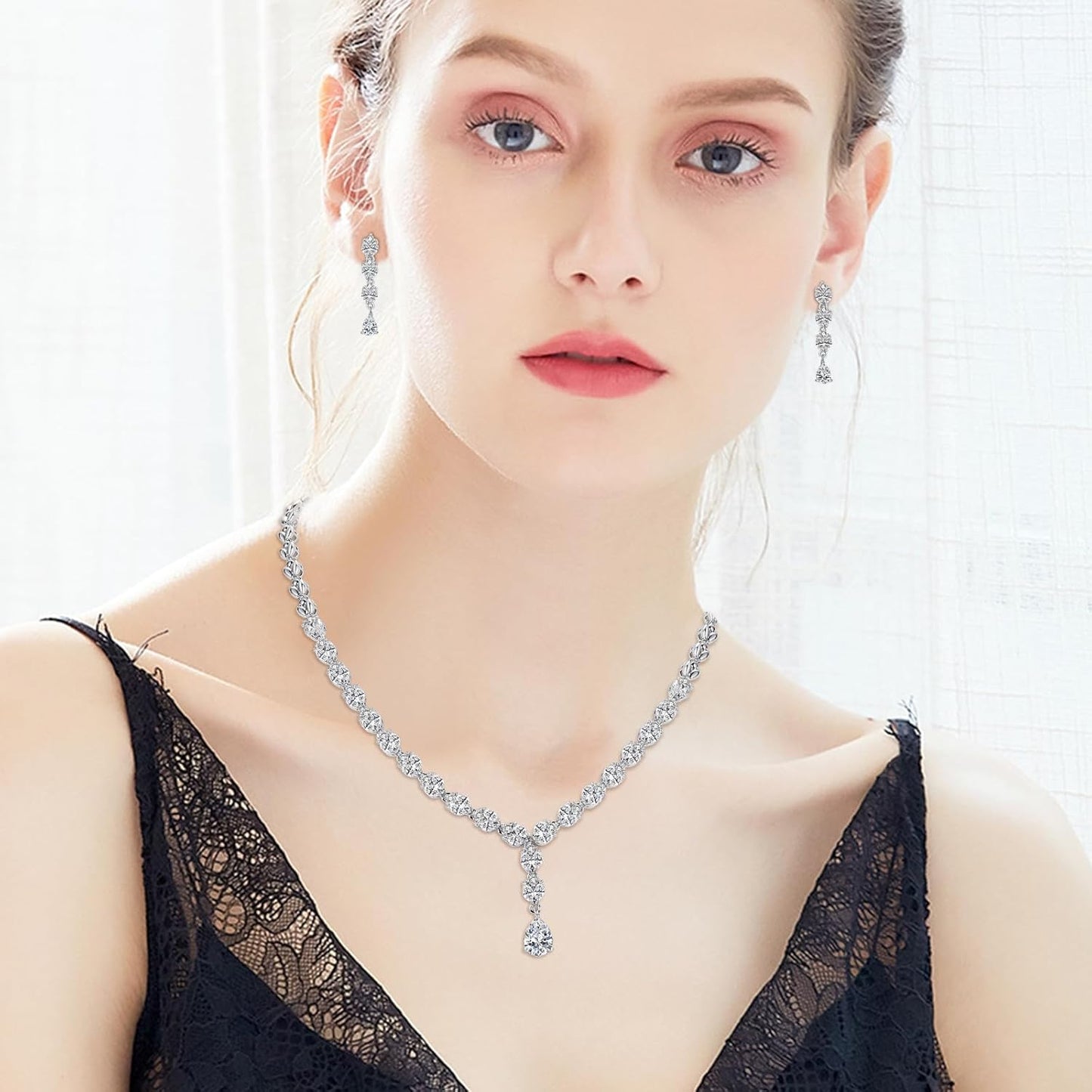 Hadskiss Jewelry Set for Women, Necklace Dangle Earrings Bracelet Set with White AAA Cubic Zirconia, Allergy Free Wedding Party Jewelry for Bridal Bridesmaid